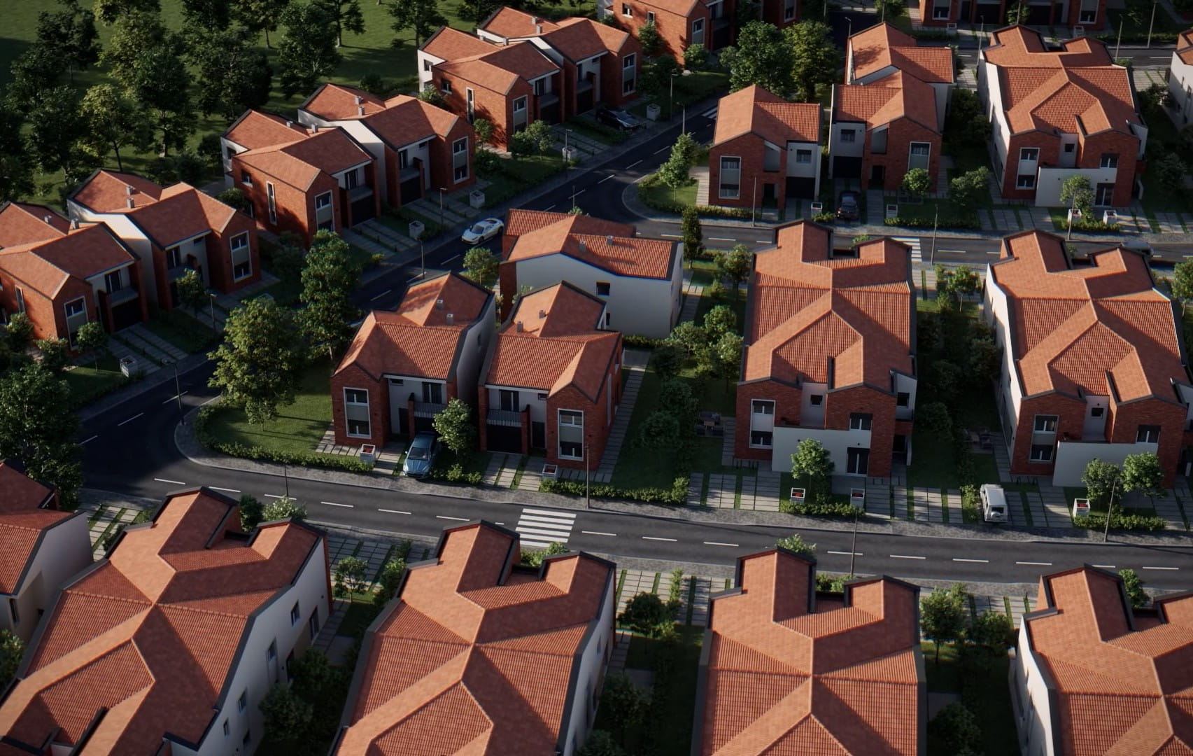 Pamje ajrore e shtëpive moderne, rrugëve dhe gjelbërimit në Cherry Village